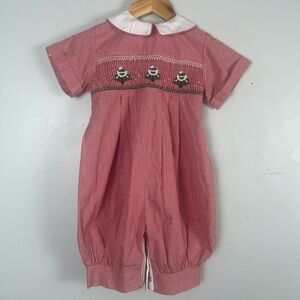 Vintage Wish upon a star red gingham Christmas tree smocked romper size 1 uni